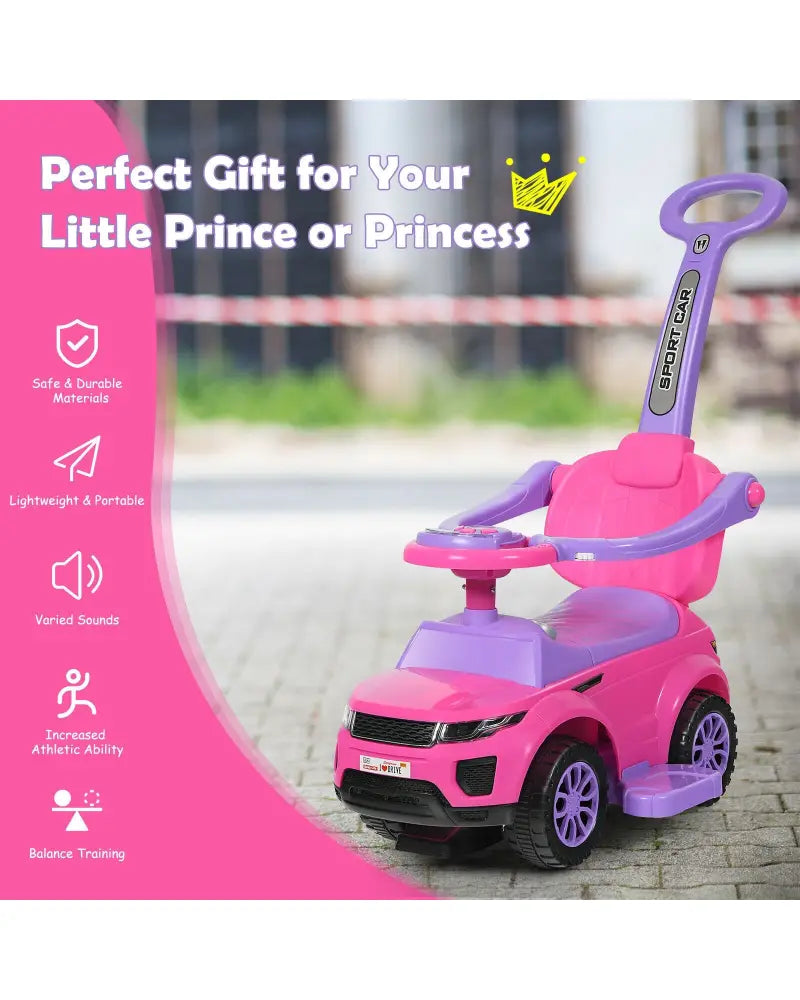 3 in 1 Ride on Push Car Toddler Stroller Sliding Car with Music-Pink - Pink - Push & Pedal Ride On Toys