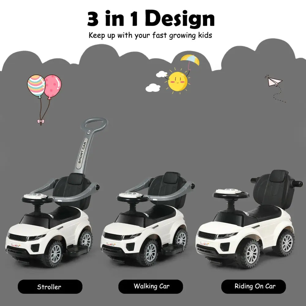 3 In 1 Ride on Push Car Toddler Stroller Sliding Car with Music-White - White - Push & Pedal Ride On Toys