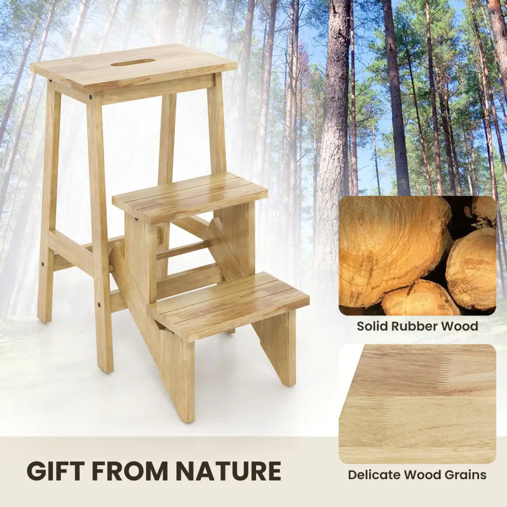 3-in-1 Rubber Wood Step Stool with Convenient Handle-Natural - Natural - Toddler & Kids Furniture