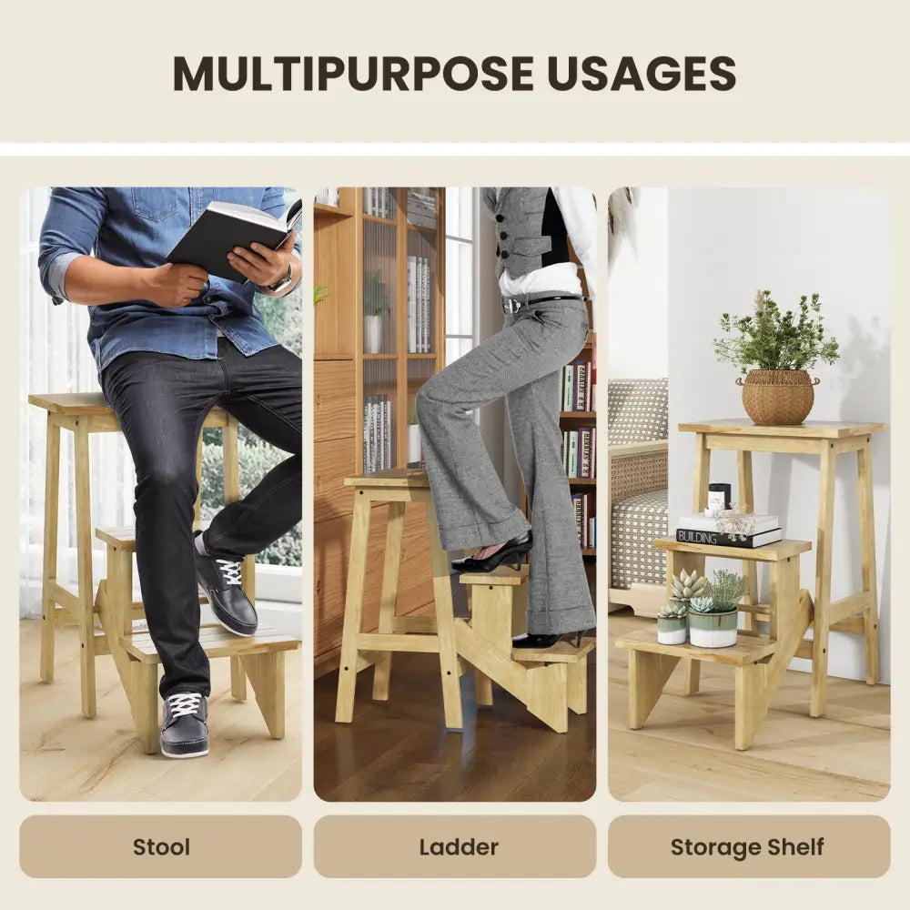 3-in-1 Rubber Wood Step Stool with Convenient Handle-Natural - Natural - Toddler & Kids Furniture