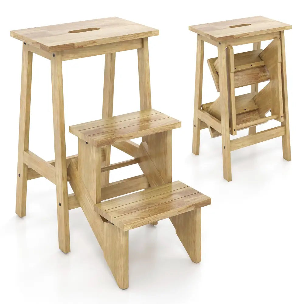 3-in-1 Rubber Wood Step Stool with Convenient Handle-Natural - Natural - Toddler & Kids Furniture