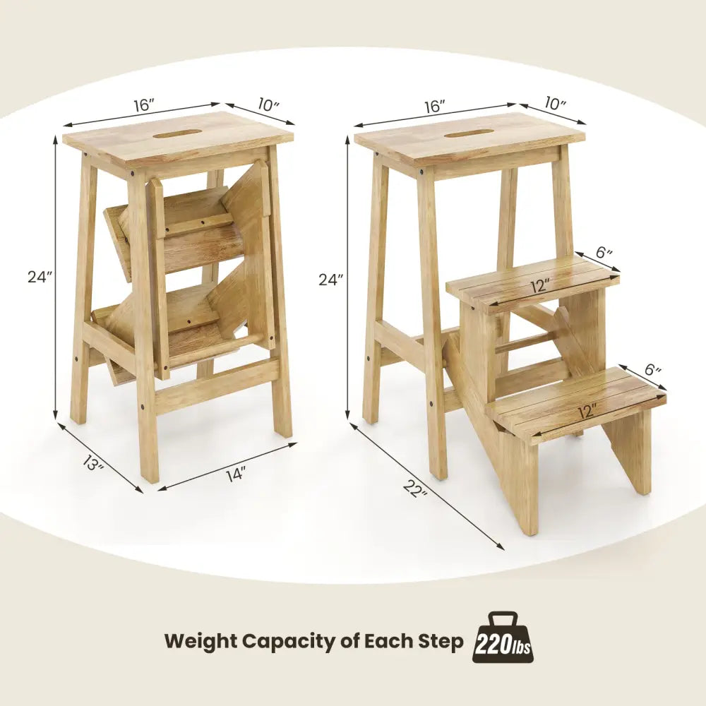3-in-1 Rubber Wood Step Stool with Convenient Handle-Natural - Natural - Toddler & Kids Furniture