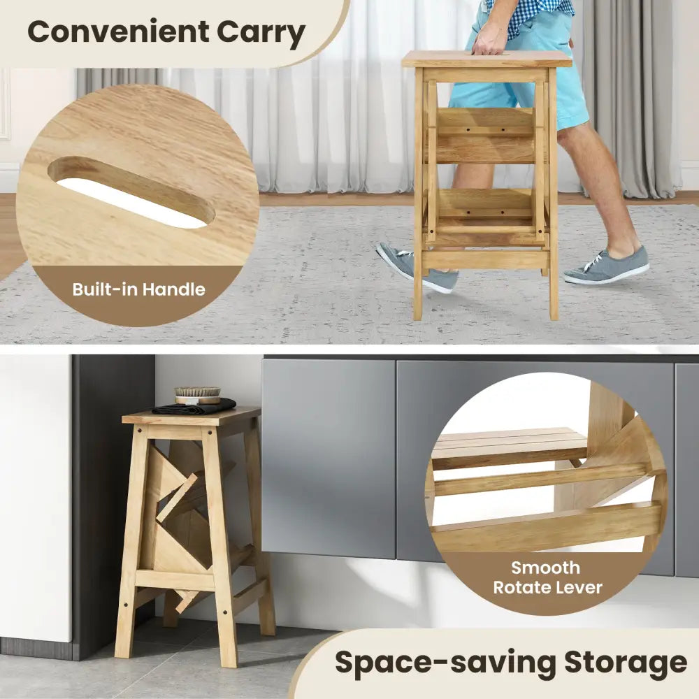 3-in-1 Rubber Wood Step Stool with Convenient Handle-Natural - Natural - Toddler & Kids Furniture