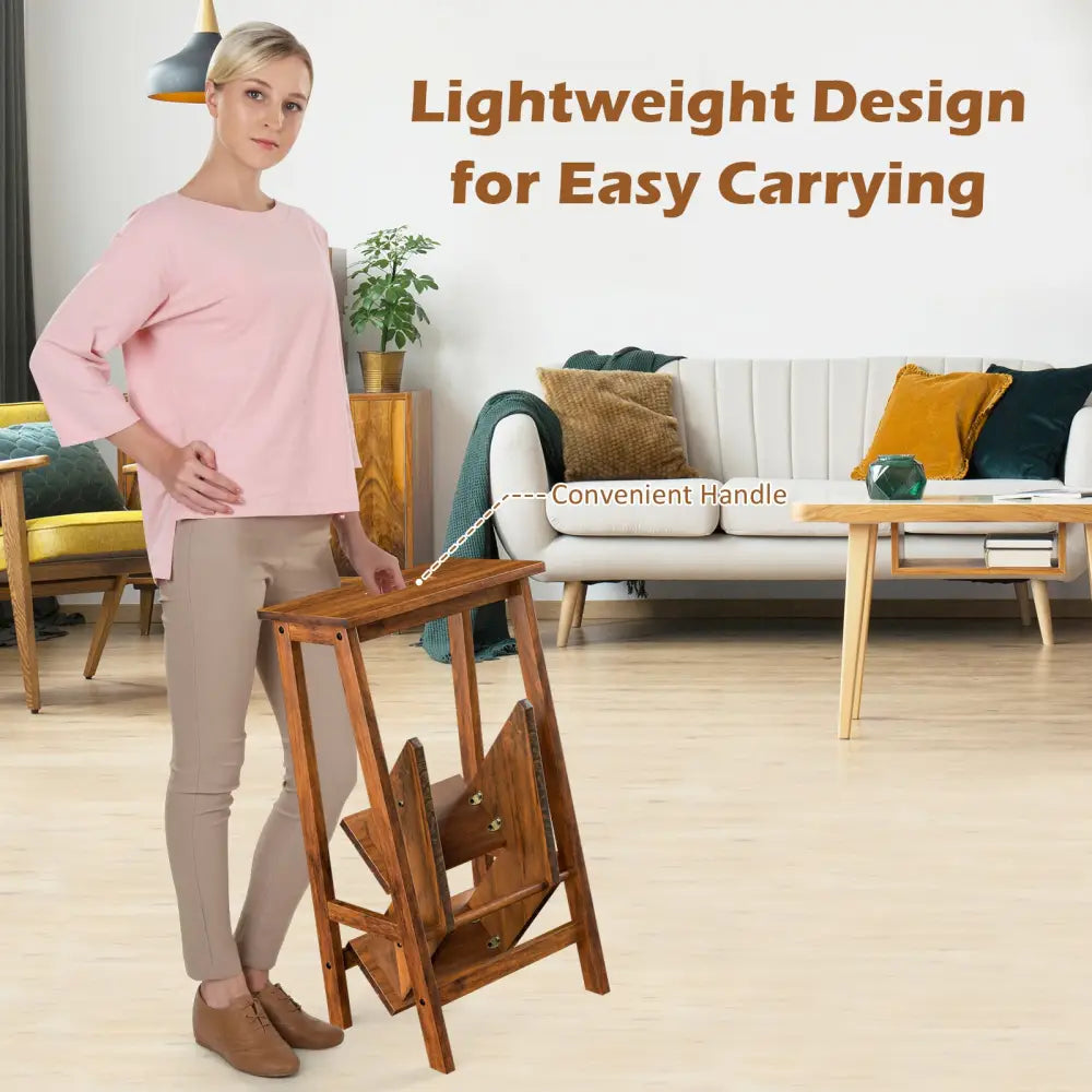 3-in-1 Rubber Wood 3 Tier Folding Step Stool Ladder Storage Shelf-Brown - Coffee - Toddler & Kids Furniture