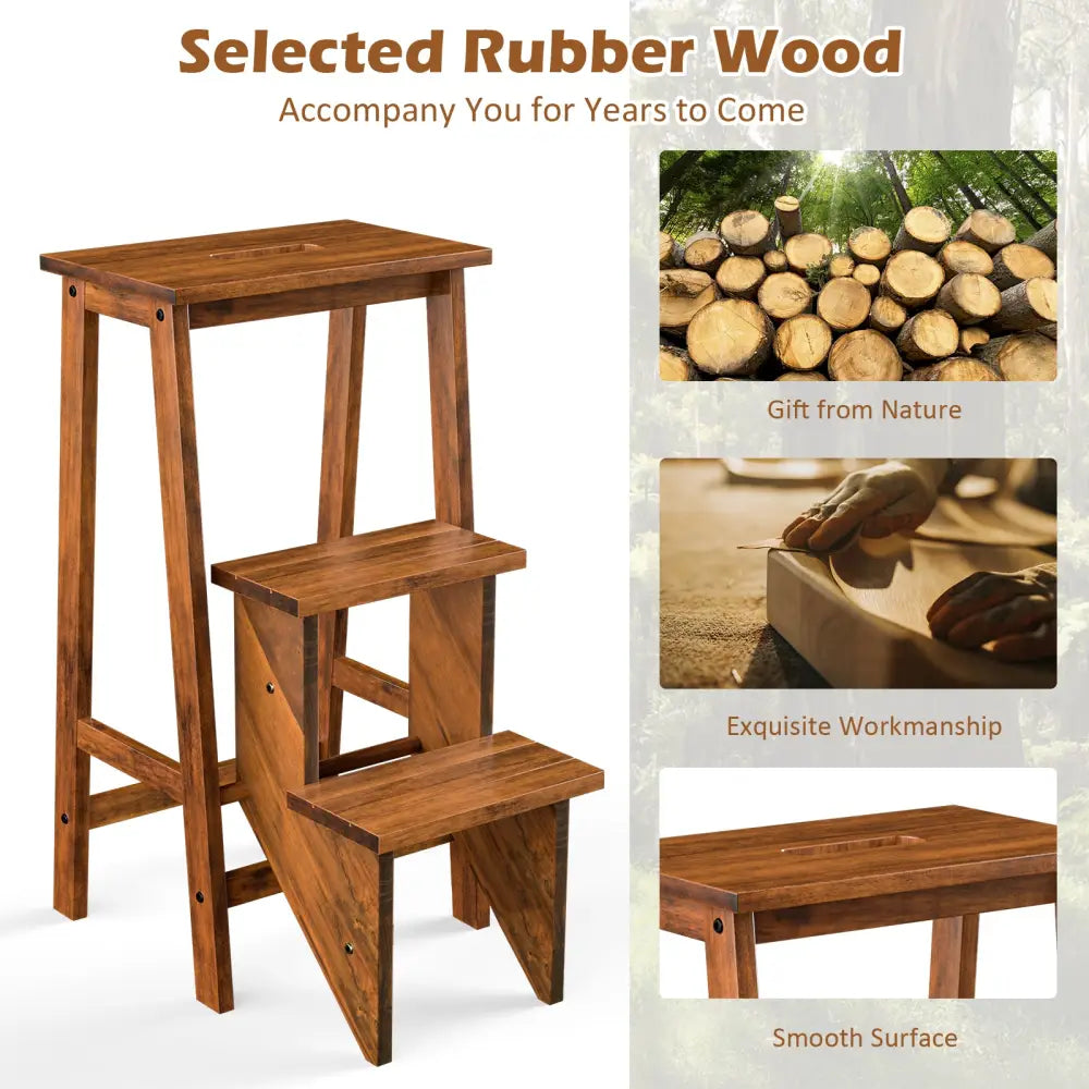 3-in-1 Rubber Wood 3 Tier Folding Step Stool Ladder Storage Shelf-Brown - Coffee - Toddler & Kids Furniture