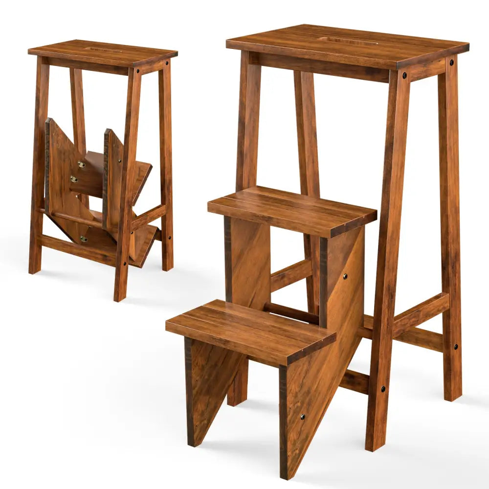 3-in-1 Rubber Wood 3 Tier Folding Step Stool Ladder Storage Shelf-Brown - Coffee - Toddler & Kids Furniture