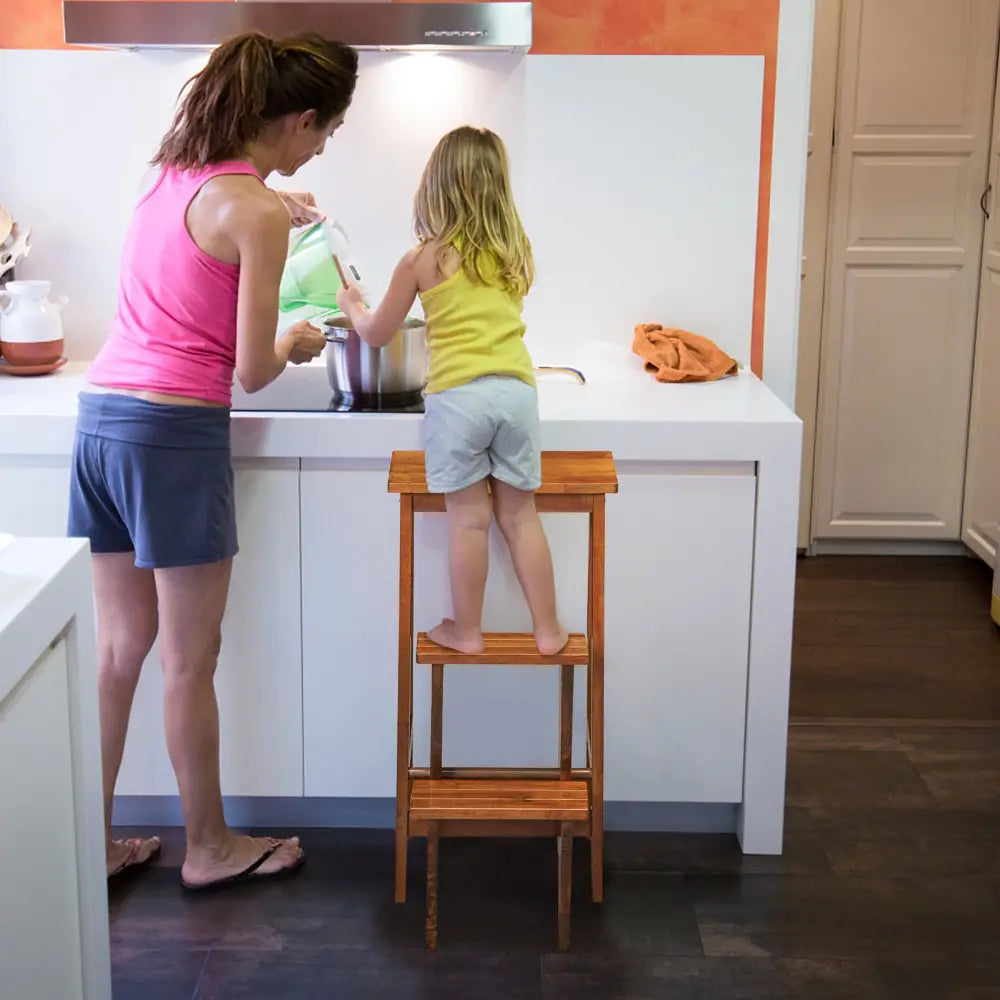 3-in-1 Rubber Wood 3 Tier Folding Step Stool Ladder Storage Shelf-Brown - Coffee - Toddler & Kids Furniture