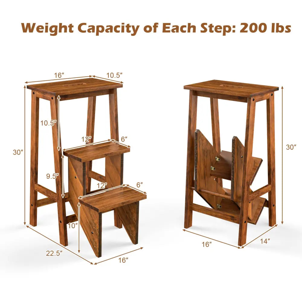 3-in-1 Rubber Wood 3 Tier Folding Step Stool Ladder Storage Shelf-Brown - Coffee - Toddler & Kids Furniture