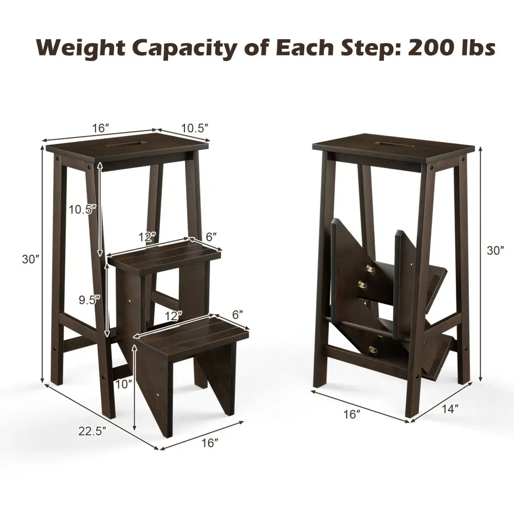 3-in-1 Rubber Wood 3 Tier Folding Step Stool Ladder Storage Shelf-Dark Brown - Brown - Toddler & Kids Furniture