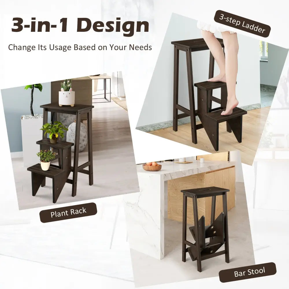 3-in-1 Rubber Wood 3 Tier Folding Step Stool Ladder Storage Shelf-Dark Brown - Brown - Toddler & Kids Furniture