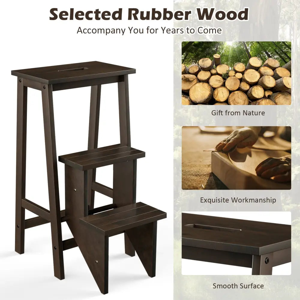 3-in-1 Rubber Wood 3 Tier Folding Step Stool Ladder Storage Shelf-Dark Brown - Brown - Toddler & Kids Furniture