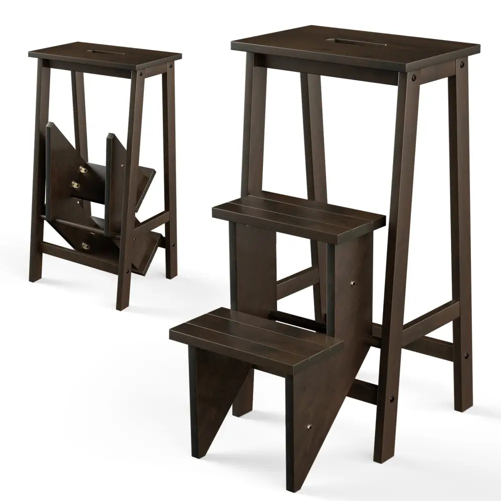 3-in-1 Rubber Wood 3 Tier Folding Step Stool Ladder Storage Shelf-Dark Brown - Brown - Toddler & Kids Furniture