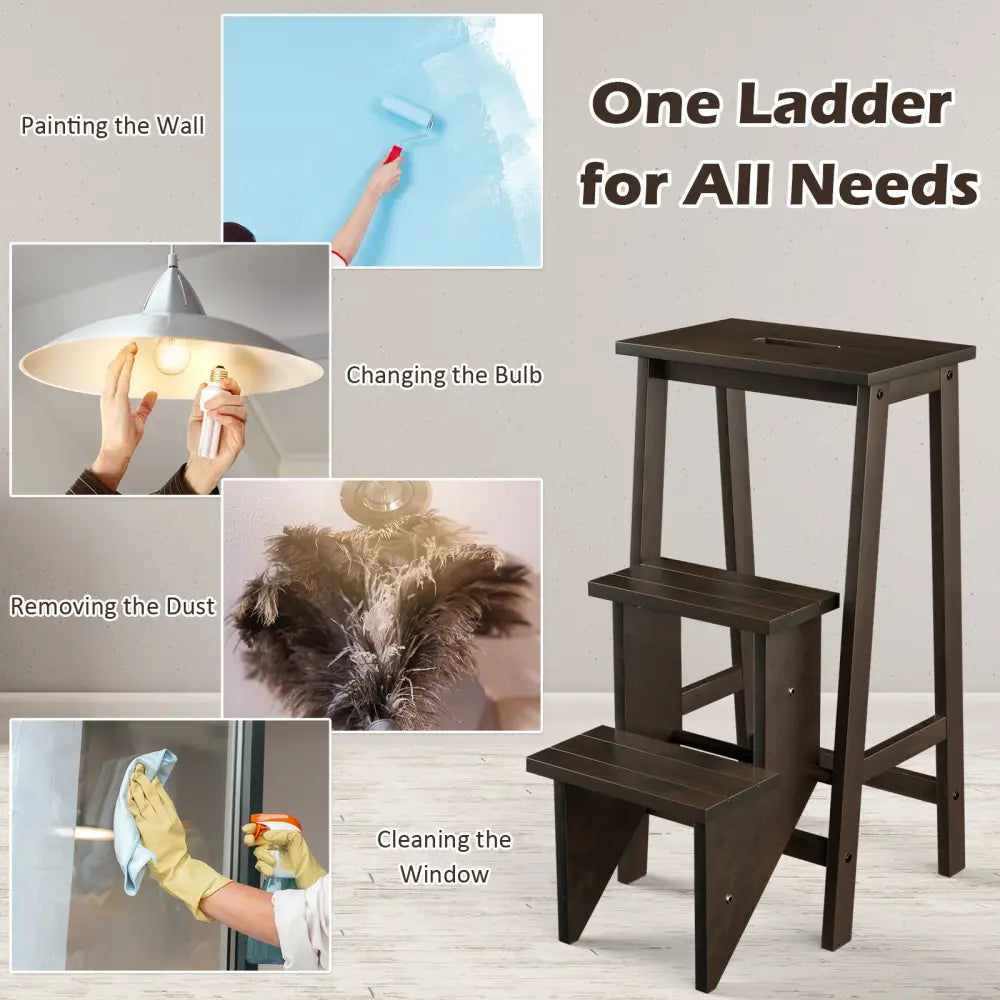 3-in-1 Rubber Wood 3 Tier Folding Step Stool Ladder Storage Shelf-Dark Brown - Brown - Toddler & Kids Furniture