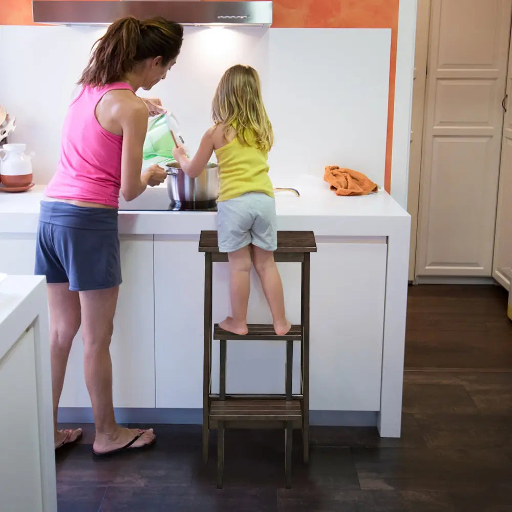 3-in-1 Rubber Wood 3 Tier Folding Step Stool Ladder Storage Shelf-Dark Brown - Brown - Toddler & Kids Furniture
