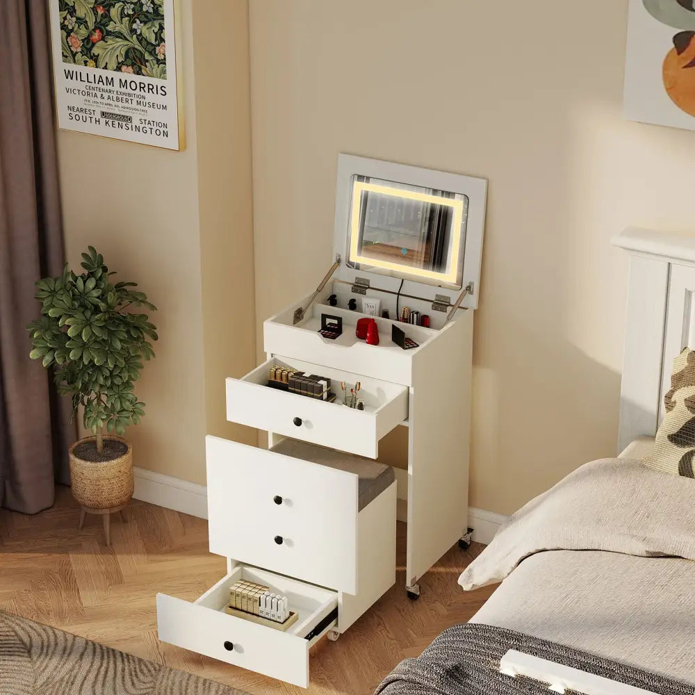 3-in-1 Small Vanity Desk Set with Flip-top Mirror and Lights with Drawers and Stool-White - White - Makeup Vanities