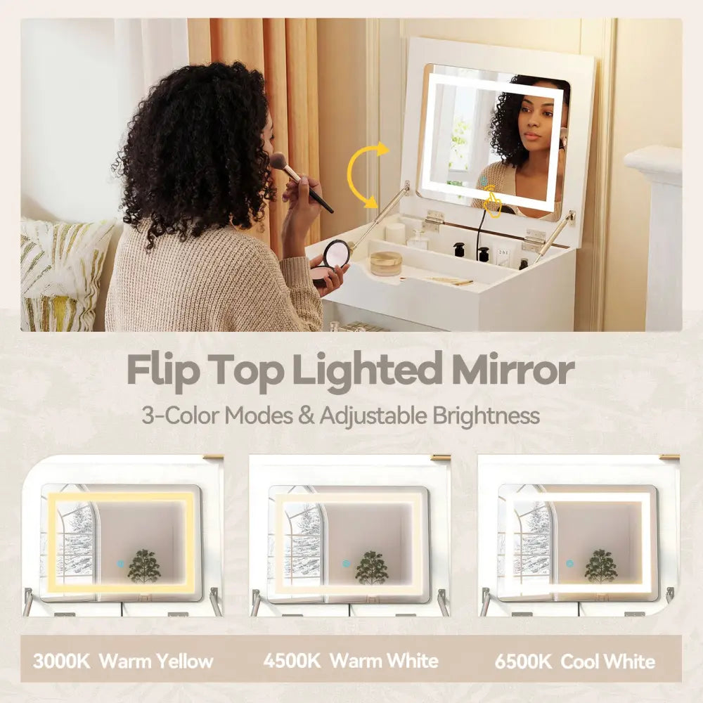 3-in-1 Small Vanity Desk Set with Flip-top Mirror and Lights with Drawers and Stool-White - White - Makeup Vanities