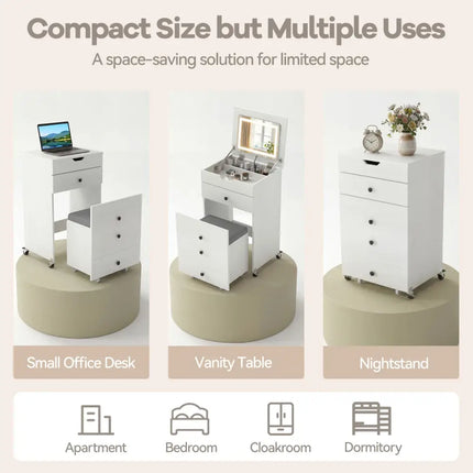 3-in-1 Small Vanity Desk Set with Flip-top Mirror and Lights with Drawers and Stool-White Costway