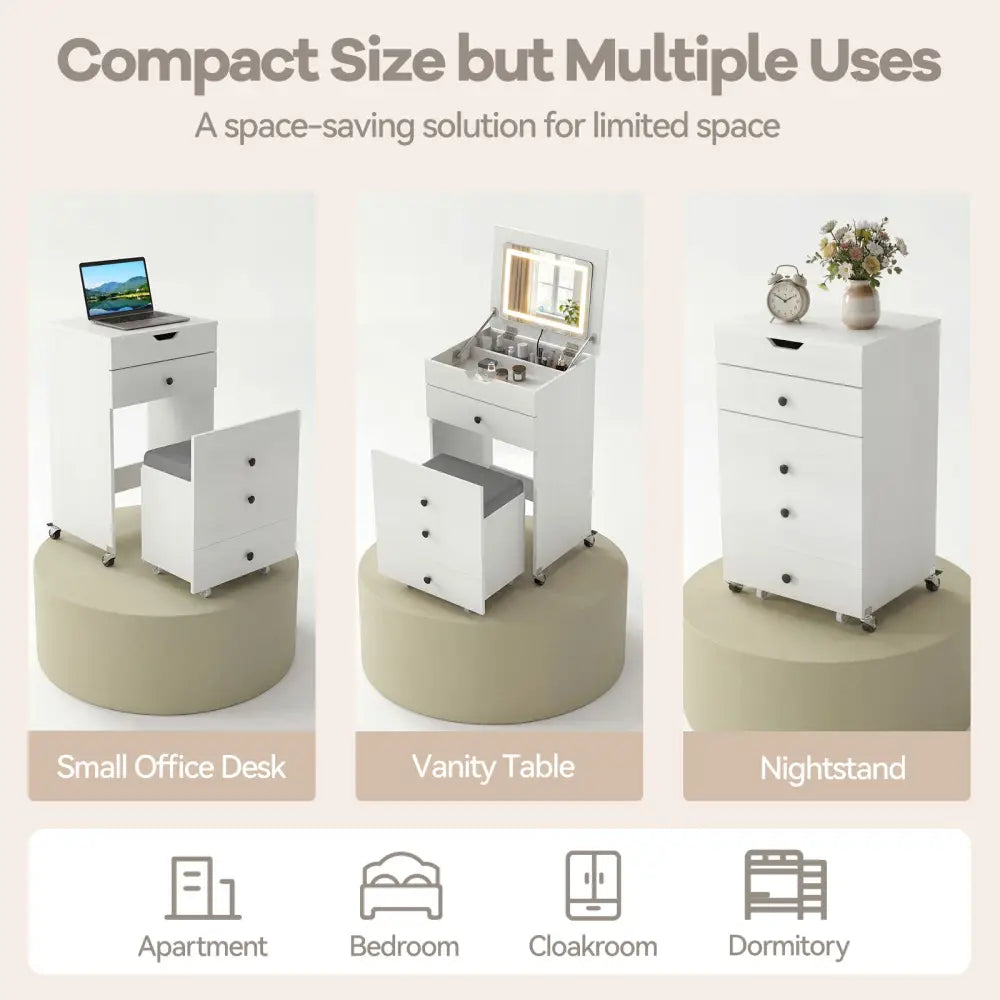 3-in-1 Small Vanity Desk Set with Flip-top Mirror and Lights with Drawers and Stool-White Costway