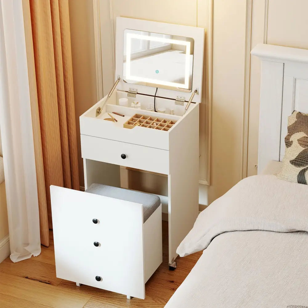 3-in-1 Small Vanity Desk Set with Flip-top Mirror and Lights with Drawers and Stool-White - White - Makeup Vanities