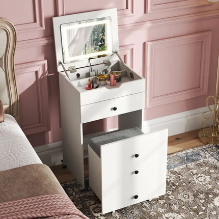 3-in-1 Small Vanity Desk Set with Flip-top Mirror and Lights with Drawers and Stool-White Costway