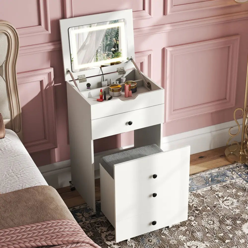 3-in-1 Small Vanity Desk Set with Flip-top Mirror and Lights with Drawers and Stool-White Costway