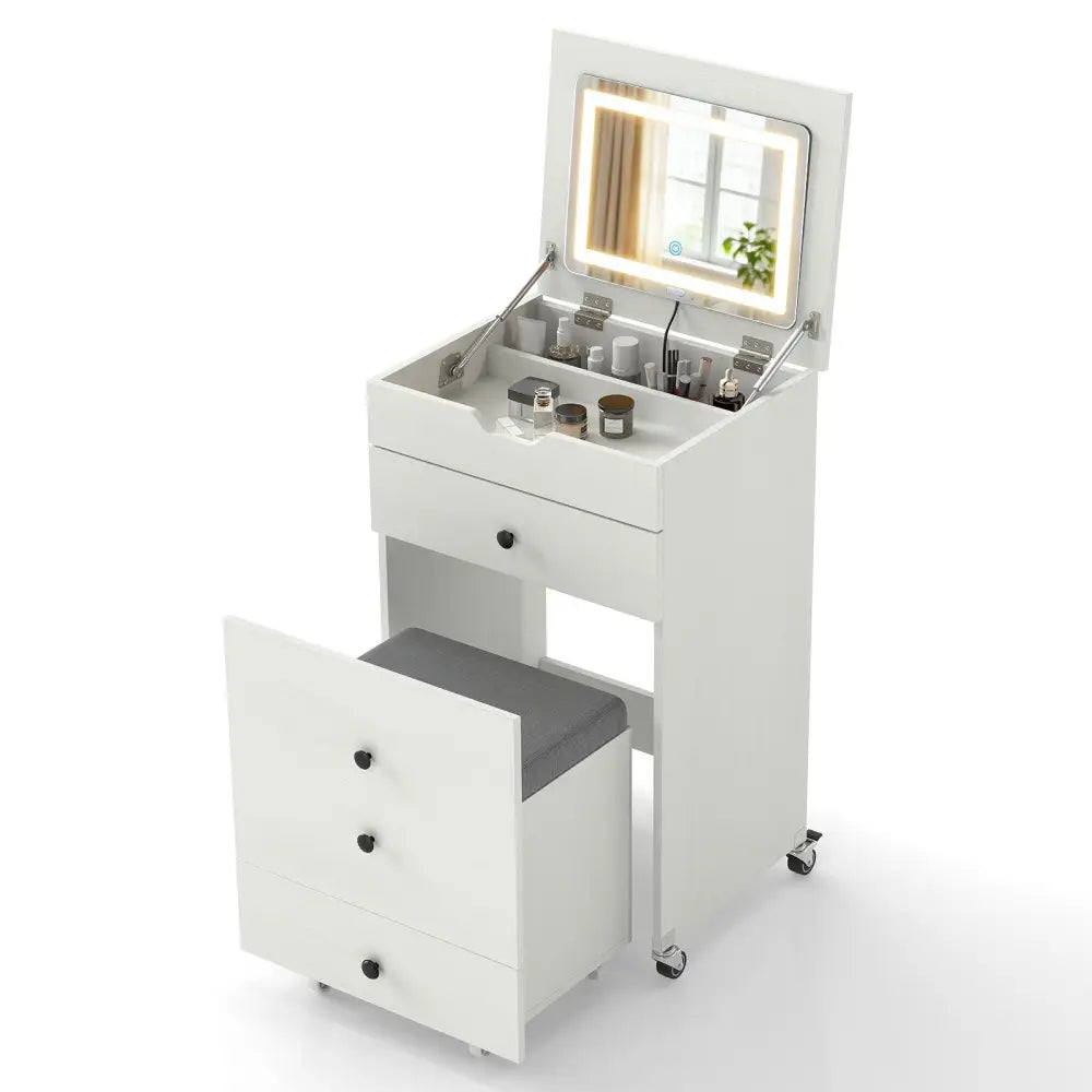 3-in-1 Small Vanity Desk Set with Flip-top Mirror and Lights with Drawers and Stool-White Costway