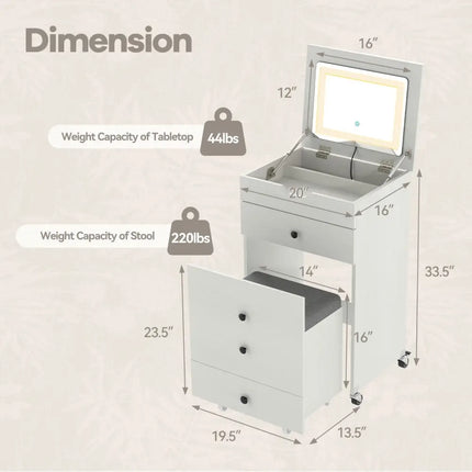 3-in-1 Small Vanity Desk Set with Flip-top Mirror and Lights with Drawers and Stool-White Costway