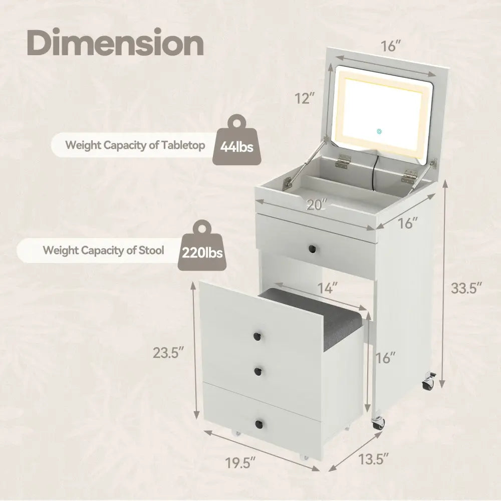 3-in-1 Small Vanity Desk Set with Flip-top Mirror and Lights with Drawers and Stool-White - White - Makeup Vanities