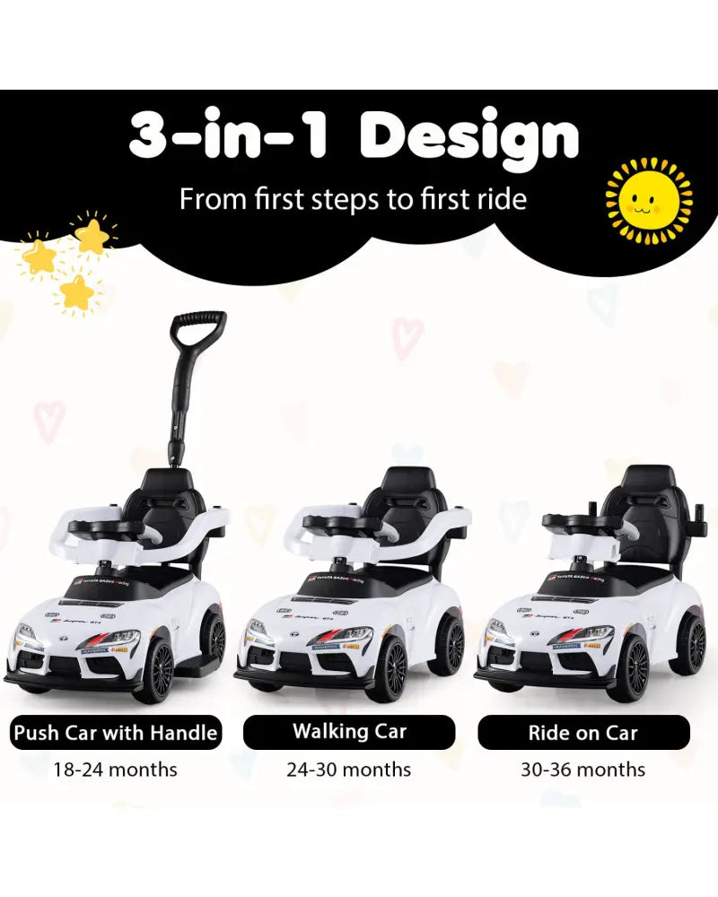 3-in-1 Toyota Licensed Foot-to-Floor Stroller Sliding Walking Toy-White - White - Push & Pedal Ride On Toys