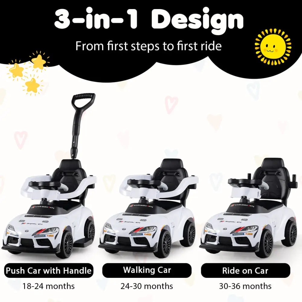 3-in-1 Toyota Licensed Foot-to-Floor Stroller Sliding Walking Toy-White - White - Push & Pedal Ride On Toys