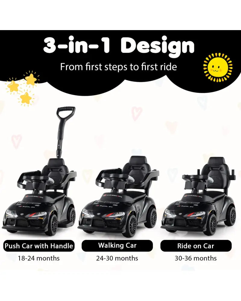 3-in-1 Toyota Licensed Foot-to-Floor Stroller Sliding Walking Toy-Black - Black - Push & Pedal Ride On Toys