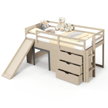 3-In-1 Twin Loft Bed with Slide Ladder Drawers for Kids Teens-Beige Costway