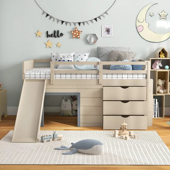 3-In-1 Twin Loft Bed with Slide Ladder Drawers for Kids Teens-Beige Costway
