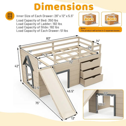 3-In-1 Twin Loft Bed with Slide Ladder Drawers for Kids Teens-Beige Costway