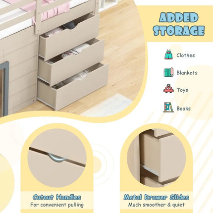 3-In-1 Twin Loft Bed with Slide Ladder Drawers for Kids Teens-Beige Costway