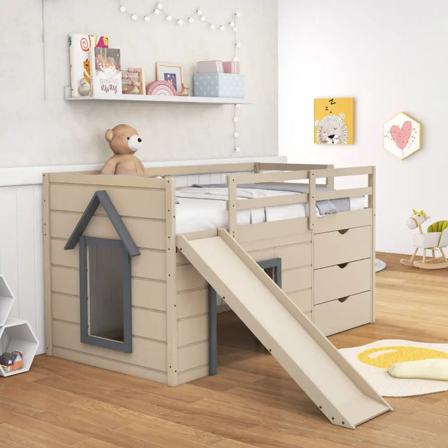 3-In-1 Twin Loft Bed with Slide Ladder Drawers for Kids Teens-Beige Costway