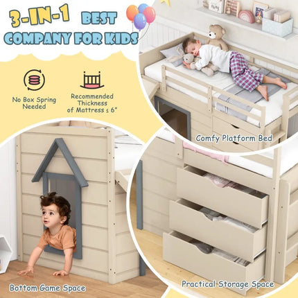3-In-1 Twin Loft Bed with Slide Ladder Drawers for Kids Teens-Beige Costway