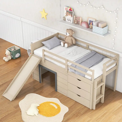 3-In-1 Twin Loft Bed with Slide Ladder Drawers for Kids Teens-Beige Costway