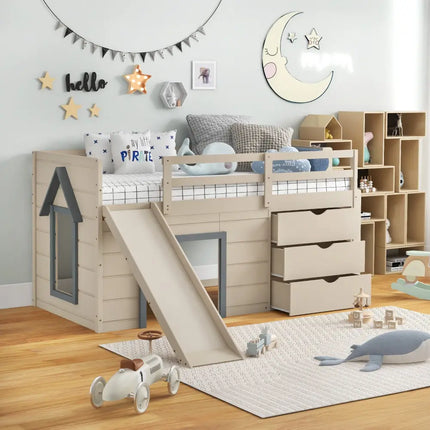 3-In-1 Twin Loft Bed with Slide Ladder Drawers for Kids Teens-Beige Costway