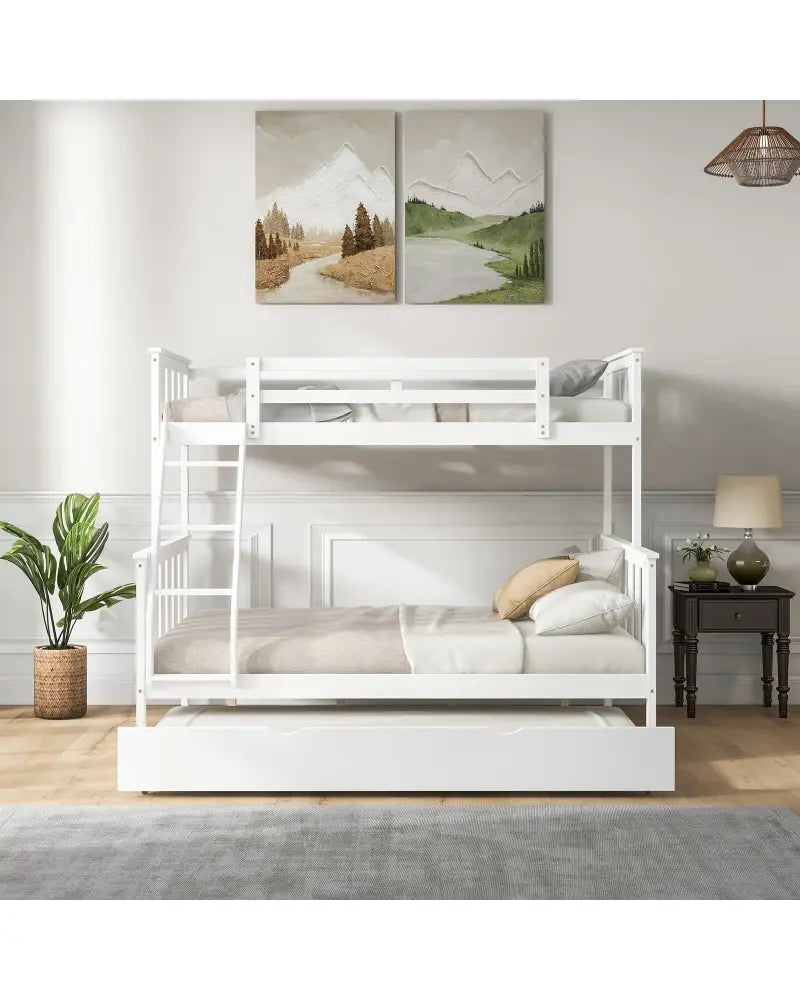 3-in-1 Twin Over Full Bunk Bed with Trundle and Ladder-White - White - Bunk Bed Frame