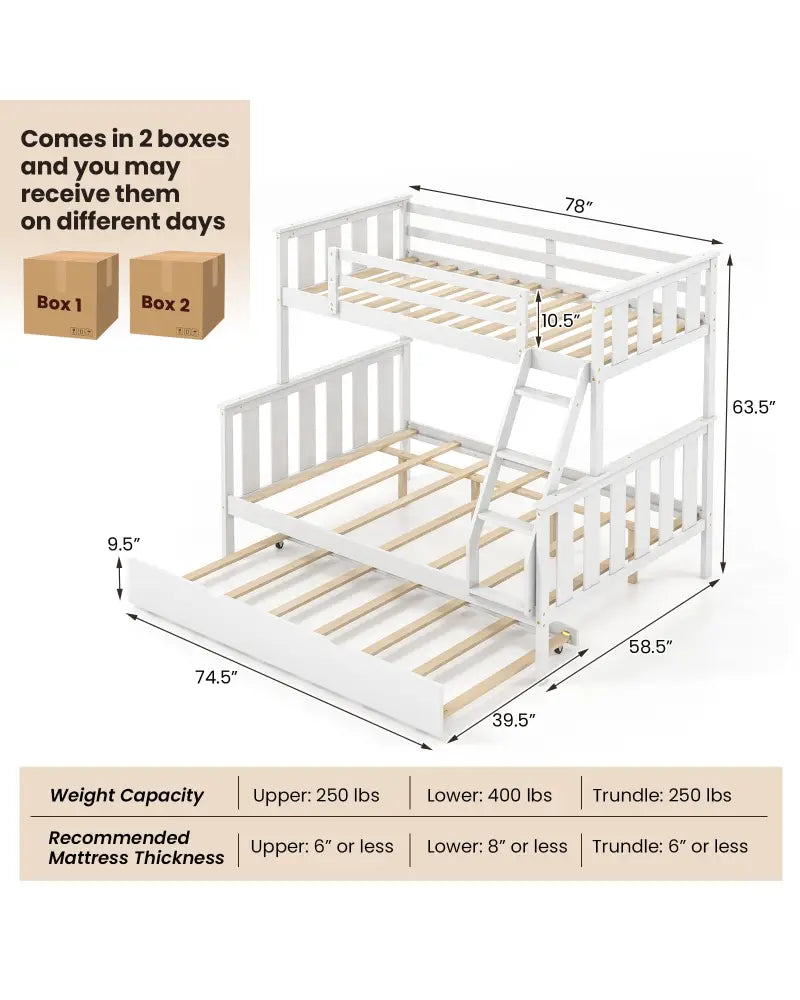 3-in-1 Twin Over Full Bunk Bed with Trundle and Ladder-White - White - Bunk Bed Frame