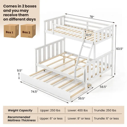 3-in-1 Twin Over Full Bunk Bed with Trundle and Ladder-White Costway