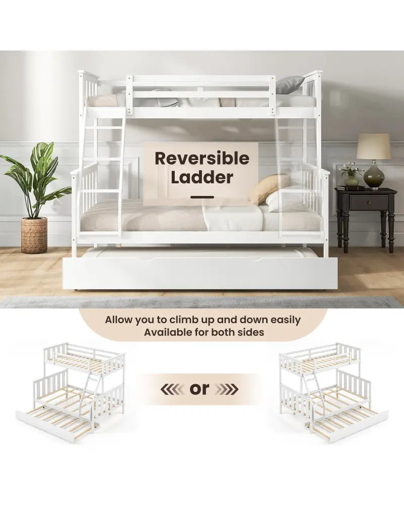 3-in-1 Twin Over Full Bunk Bed with Trundle and Ladder-White - White - Bunk Bed Frame