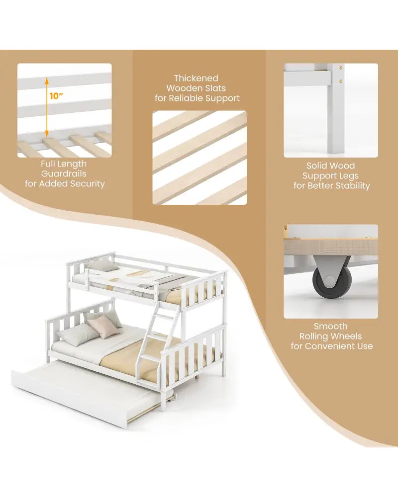 3-in-1 Twin Over Full Bunk Bed with Trundle and Ladder-White - White - Bunk Bed Frame