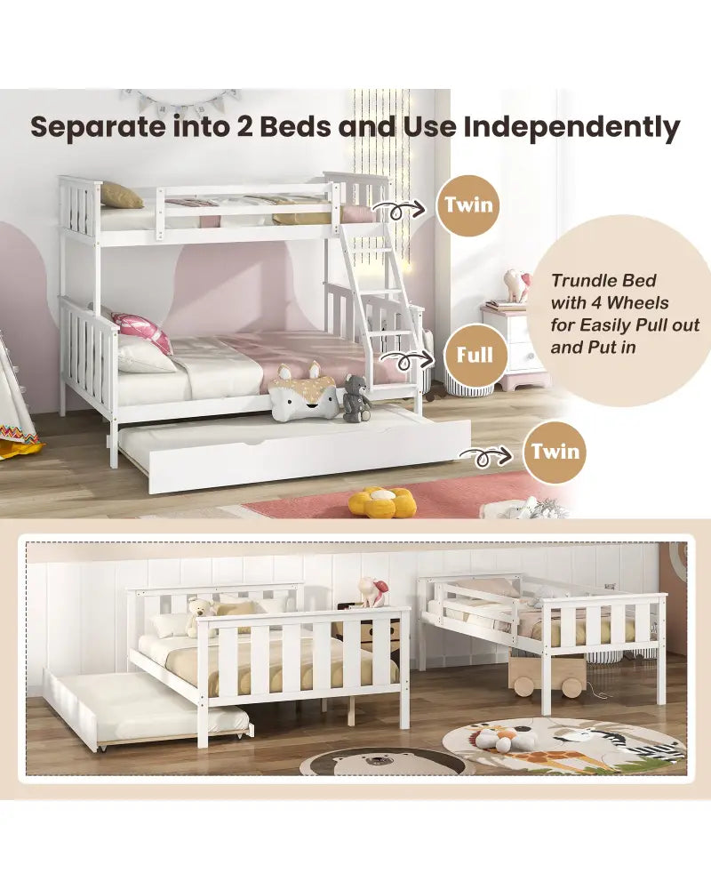 3-in-1 Twin Over Full Bunk Bed with Trundle and Ladder-White - White - Bunk Bed Frame