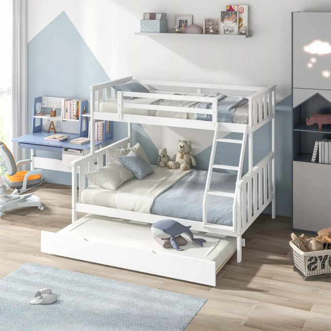 3-in-1 Twin Over Full Bunk Bed with Trundle and Ladder-White Costway