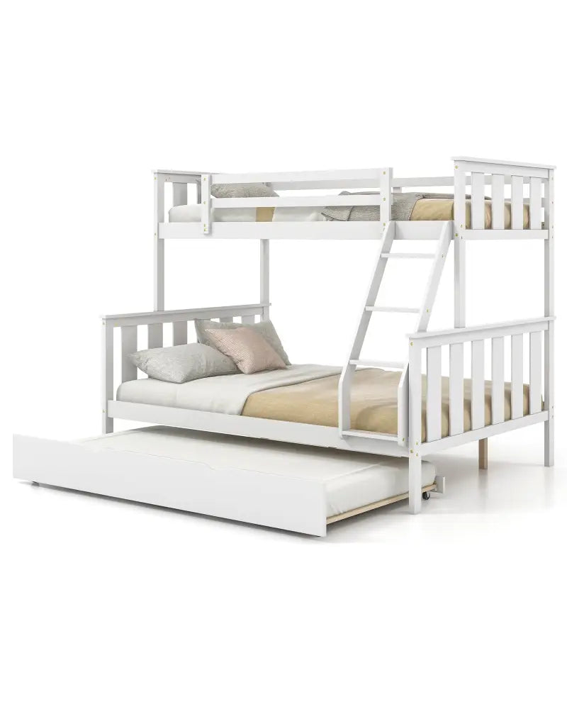 3-in-1 Twin Over Full Bunk Bed with Trundle and Ladder-White - White - Bunk Bed Frame
