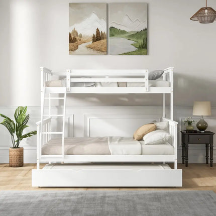 3-in-1 Twin Over Full Bunk Bed with Trundle and Ladder-White Costway