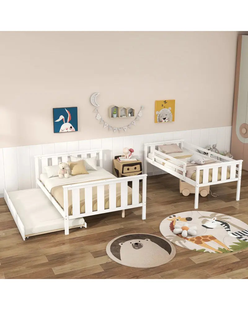 3-in-1 Twin Over Full Bunk Bed with Trundle and Ladder-White - White - Bunk Bed Frame