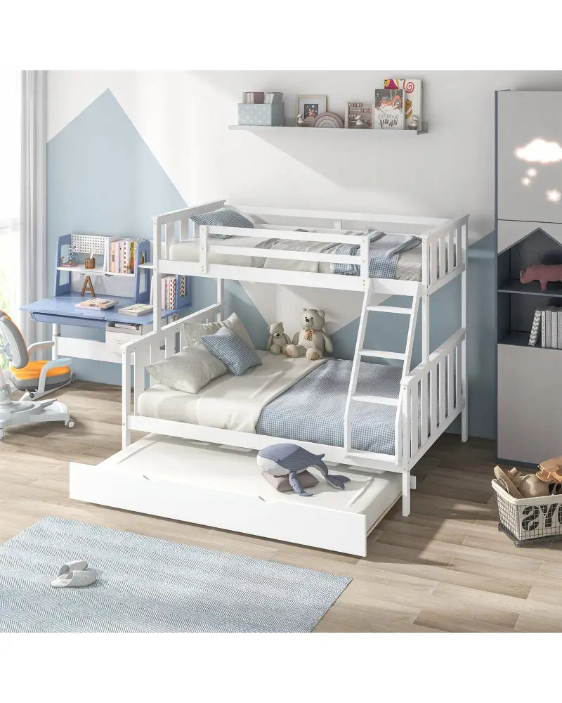 3-in-1 Twin Over Full Bunk Bed with Trundle and Ladder-White - White - Bunk Bed Frame